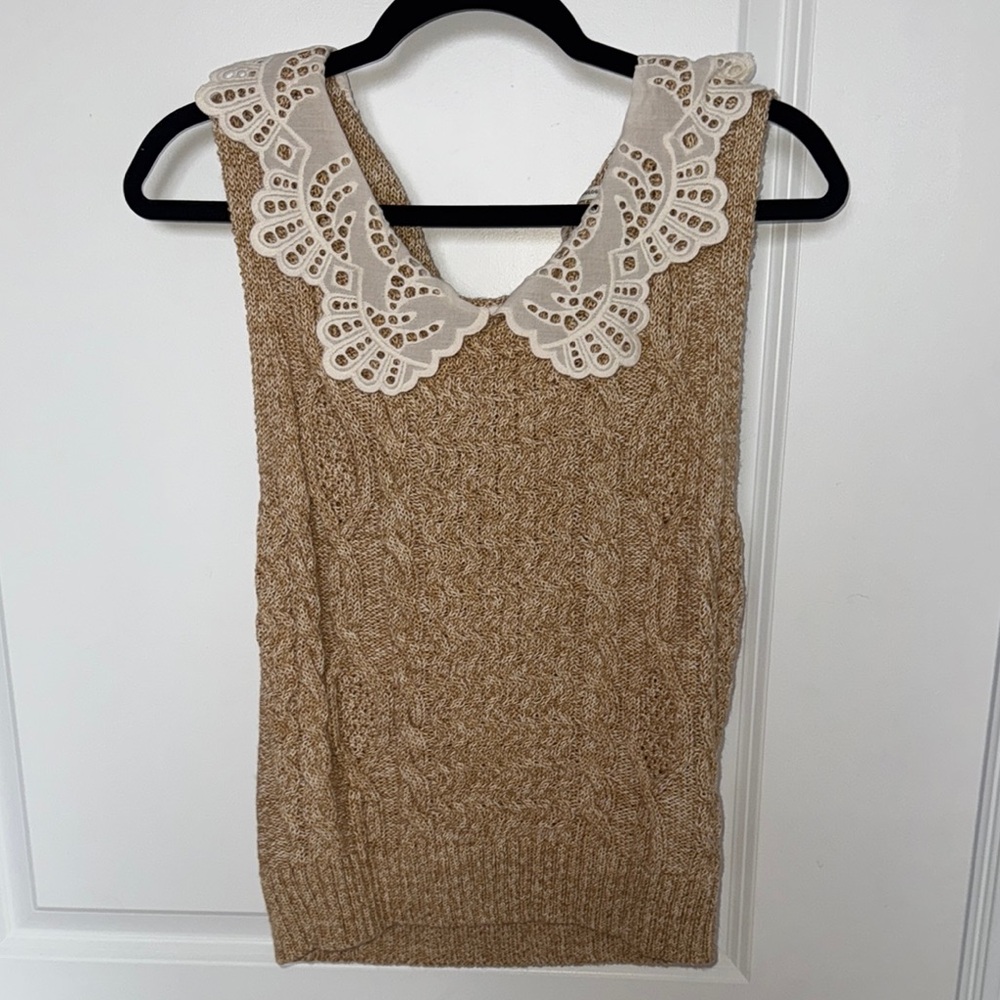Anthropologie Sleeveless Sweater with Lace Collar